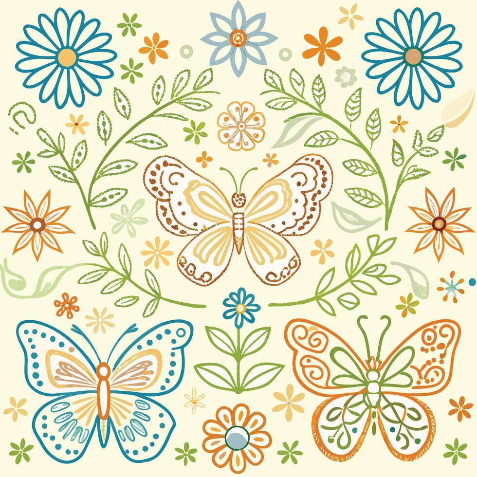 butterflies and flowers in a floral design vector