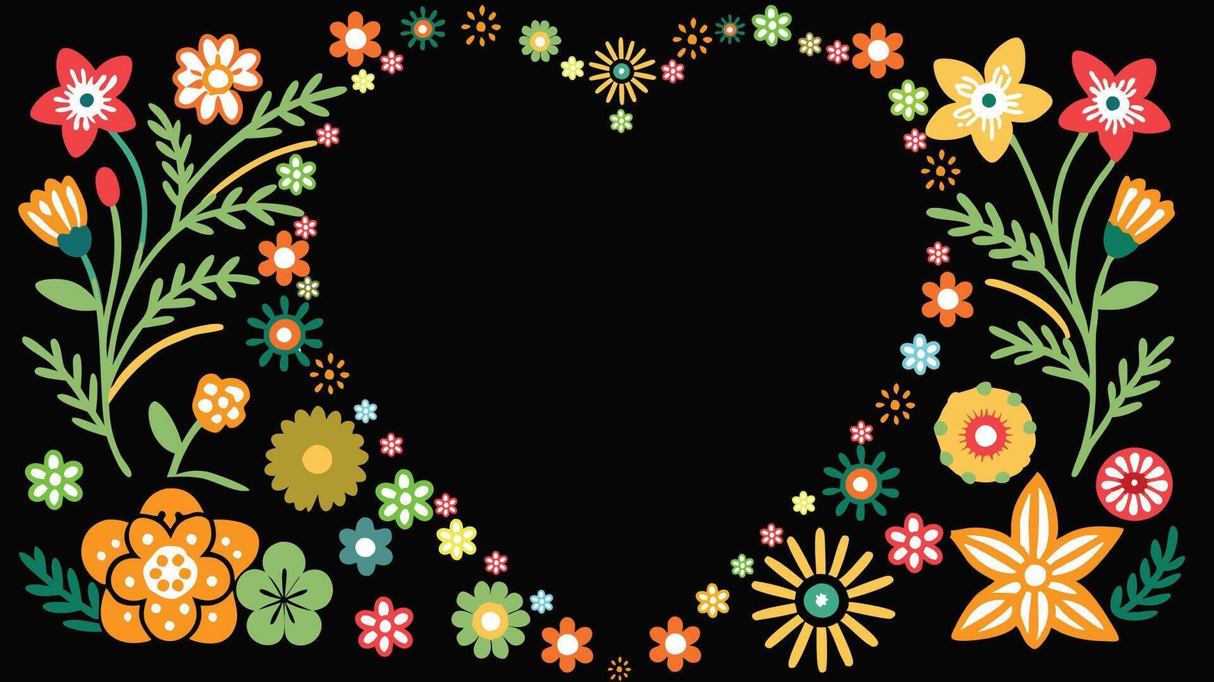 Flower photo frame with a heart shape in the center with a black background. vector