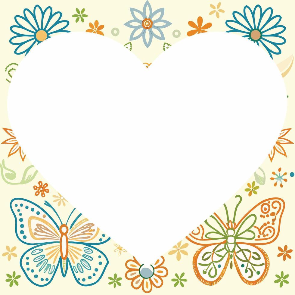 Photo frame a heart with flowers and butterflies on a yellow background vector