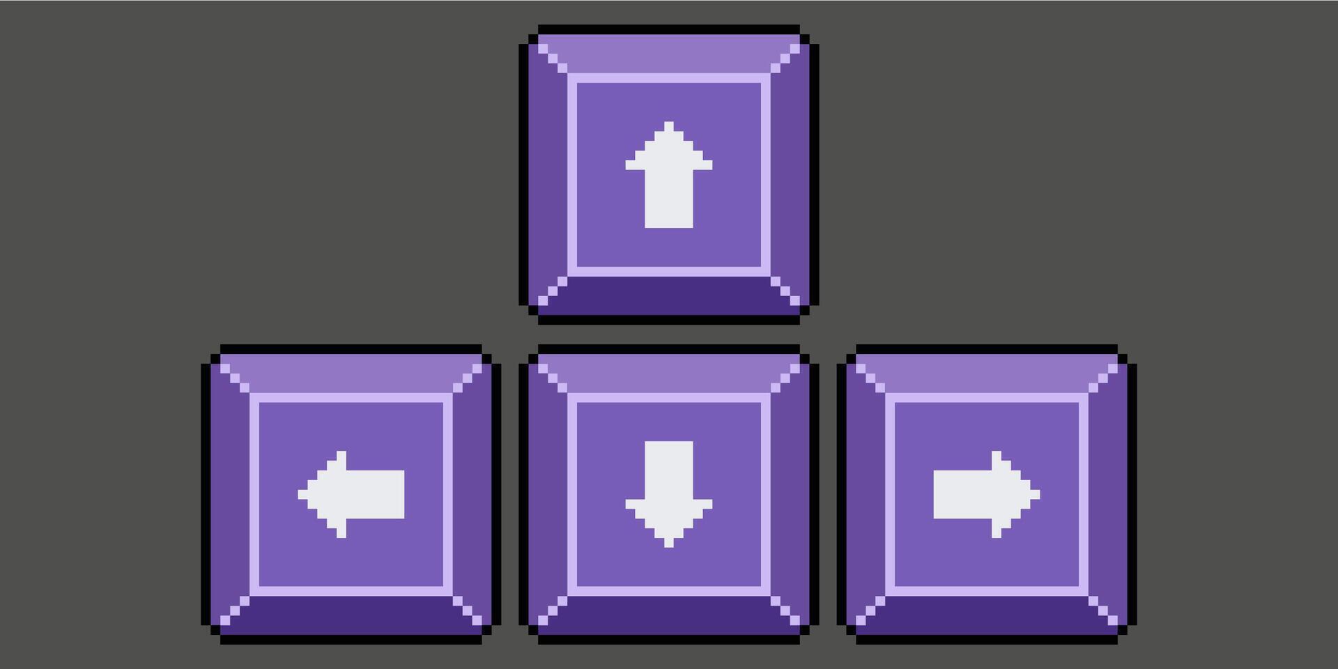Pixel art keyboard arrow keys. Keyboard play keys icon for 8bit game on dark background vector