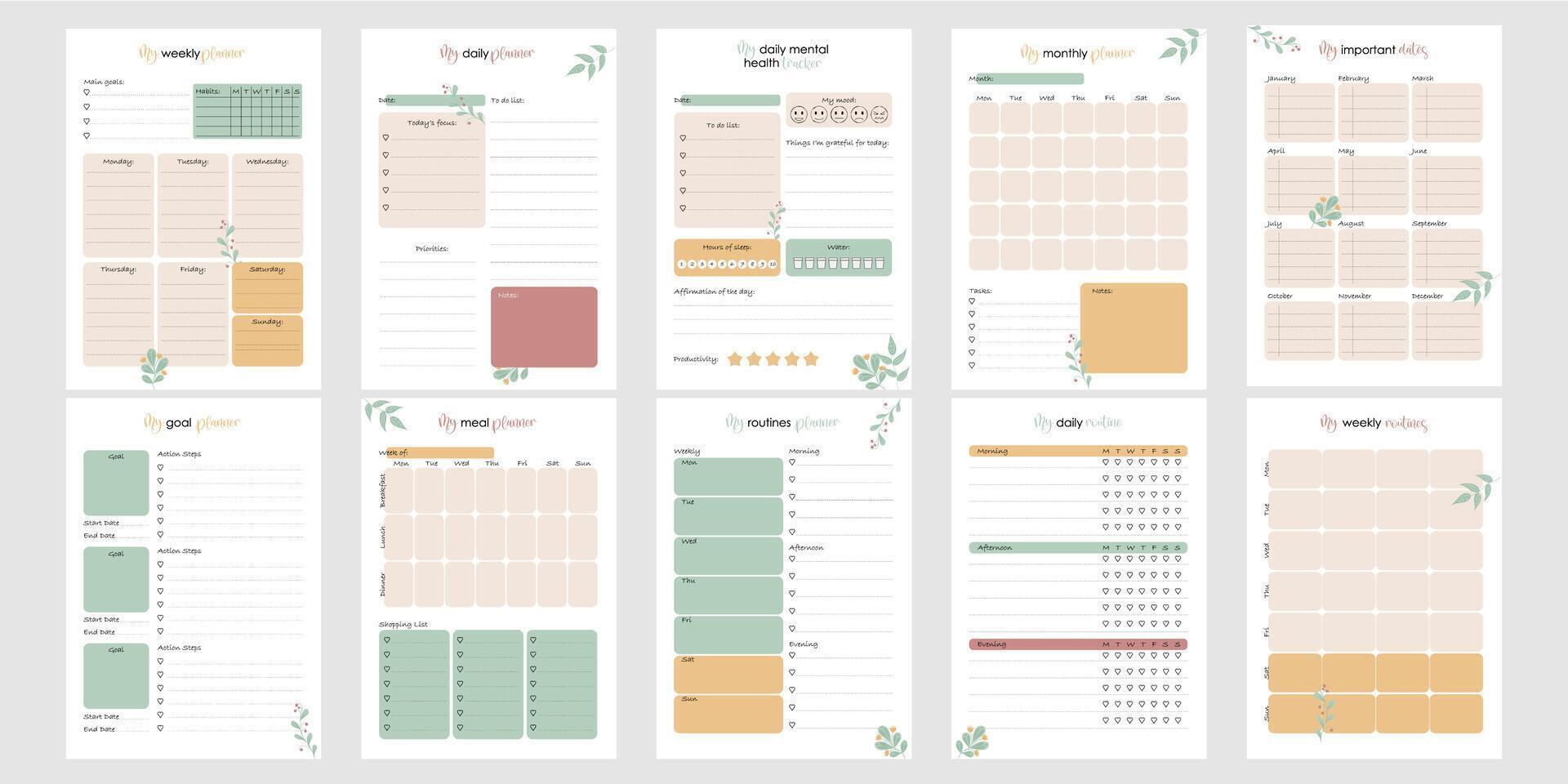 Bullet Journal Template Bundle A4 Size. Printable Daily Weekly Monthly Planner Pages with Checklist Habit Trackers and Goal Layout. Cute Floral Design for Personal Organizer vector