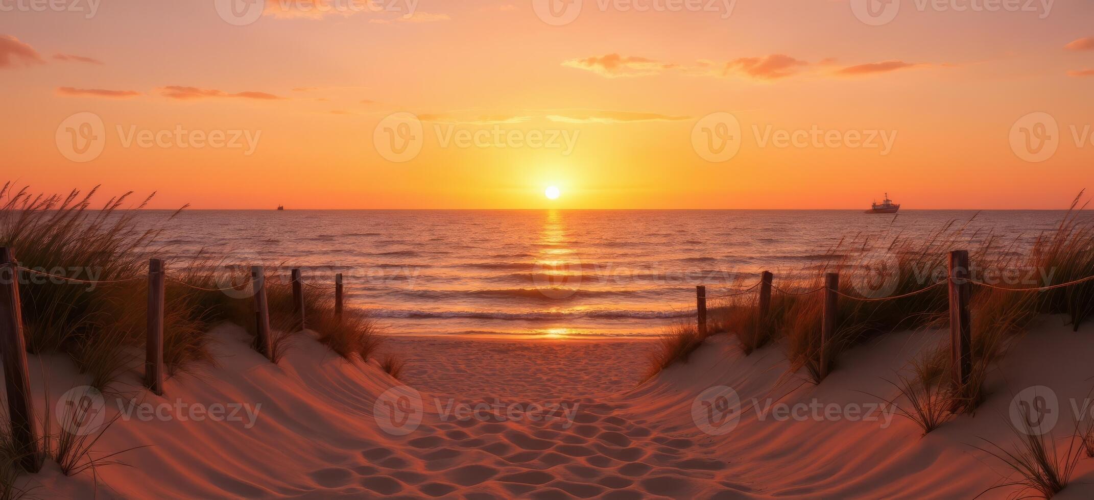 Panoramic shot of a peaceful beach at dawn or dusk, with gentle waves rolling towards the shore and a brilliant sun on the horizon photo