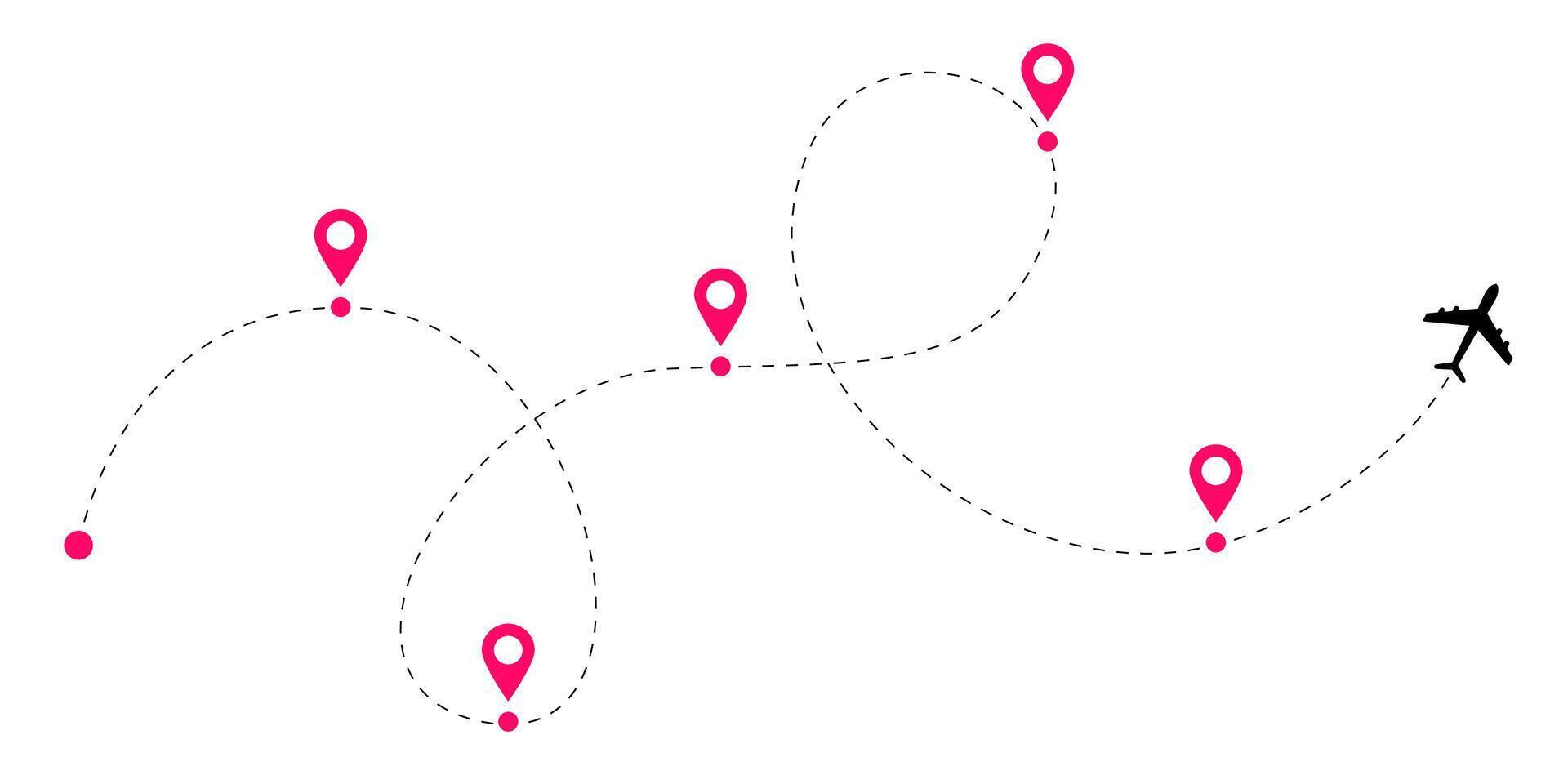 Airplane flight route set with dotted travel path and aircraft tracking lines showing dashed pathways and global plane connections for aviation concept maps and travel design illustrations vector