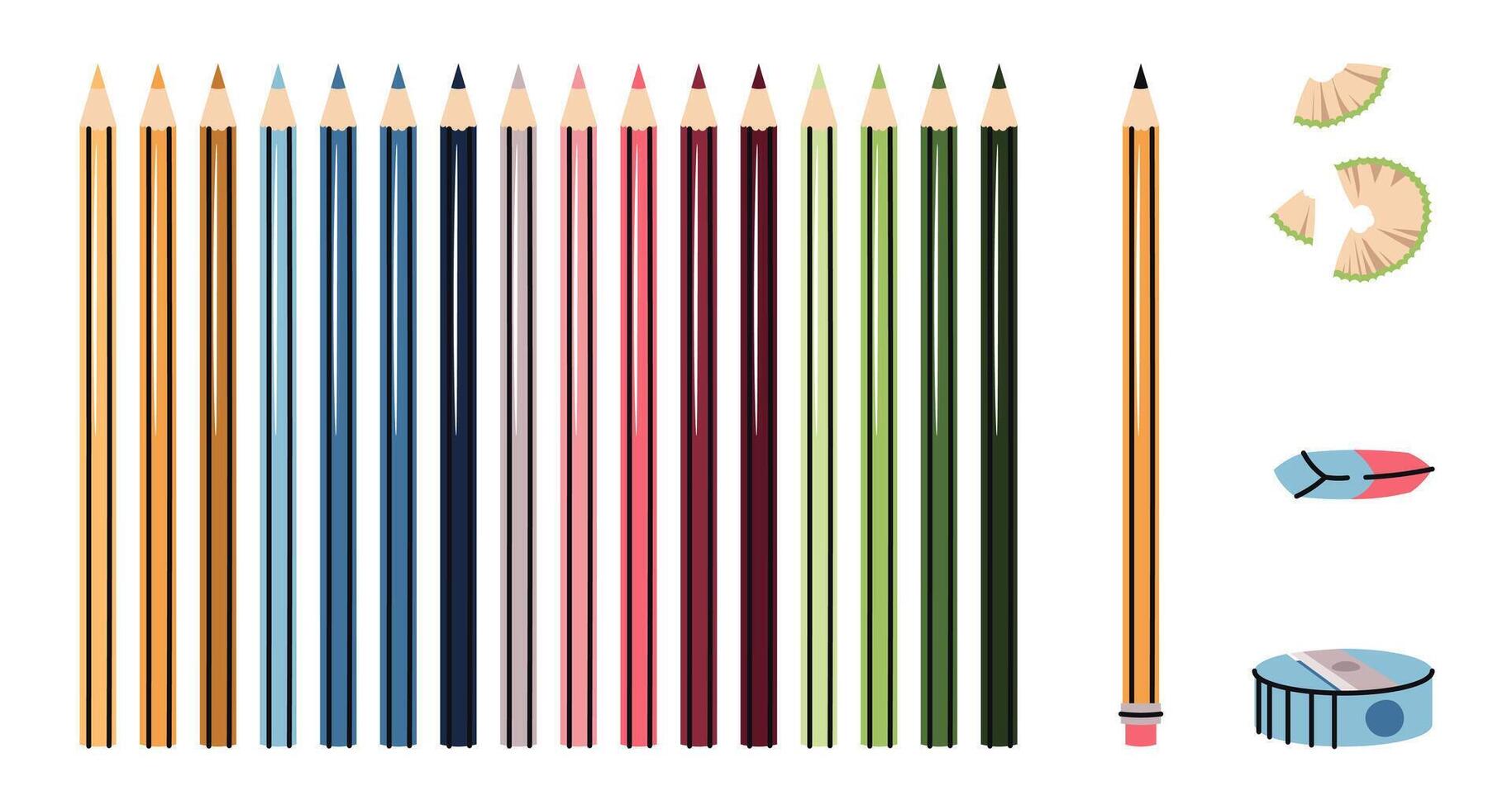 Colored Pencils Set with Sharpener, Eraser and Pencil Shavings in Flat Design. Artist Kit for Drawing, School Projects and Hobbies. Ideal for Art Supply Branding, Educational Materials vector