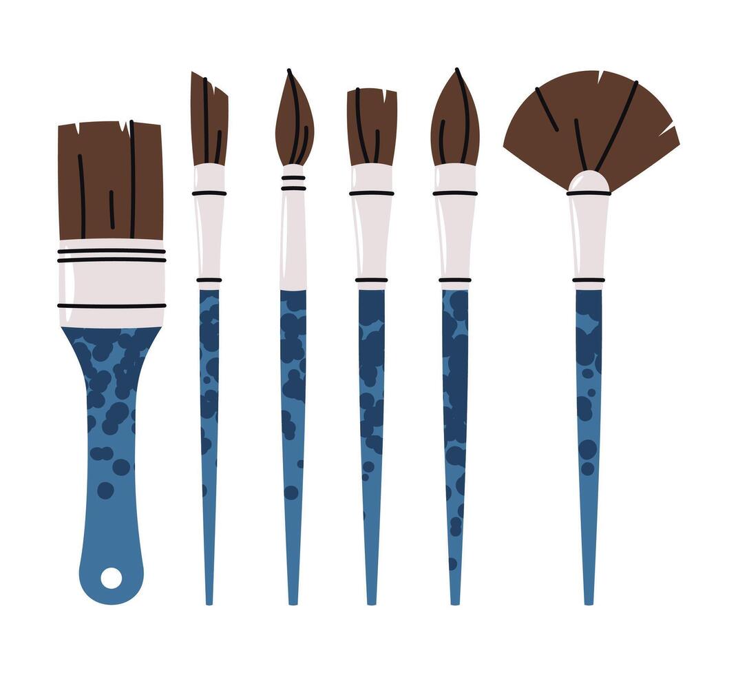 Artist Paint Brushes Set in Flat Design on White Background. Professional Watercolor, Acrylic and Oil Painting Tools for Artists, Students and Hobbyists. Perfect for Tutorials and Creative Content. vector