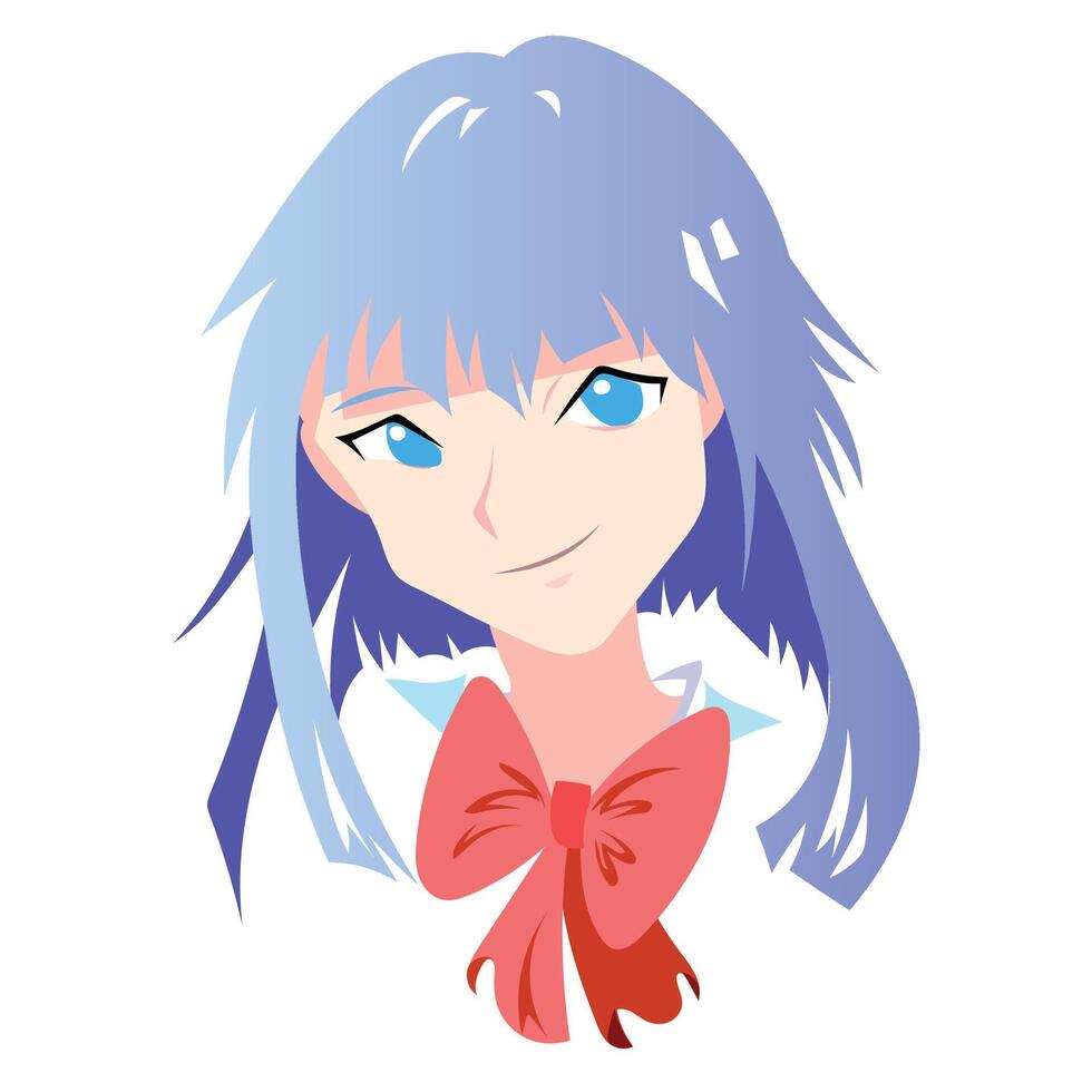 Cute and beautiful anime girl with blue hair and red ribbon colorful simple illustration isolated on square white background. vector