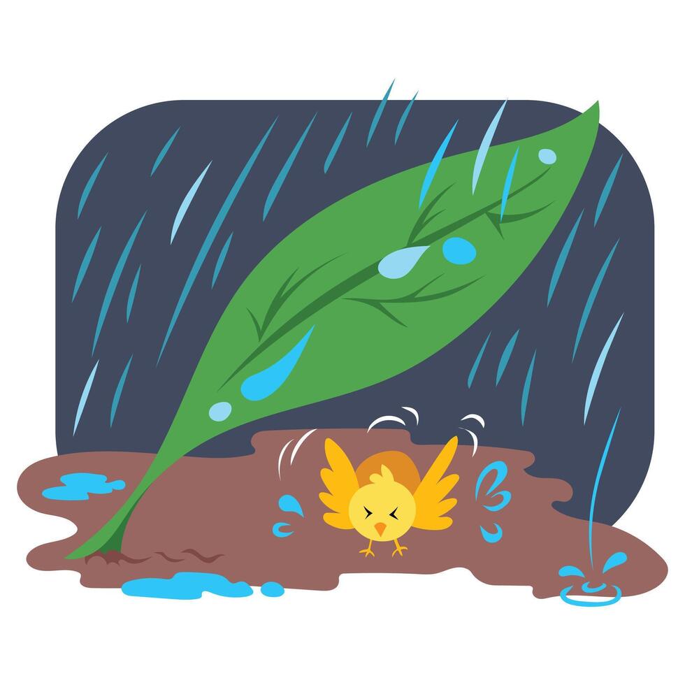 Small baby chicken take shelter under green leaf on the ground from rain water with dark sky background. Simple flat cartoon art styled colorful drawing isolated on square white backdrop. vector