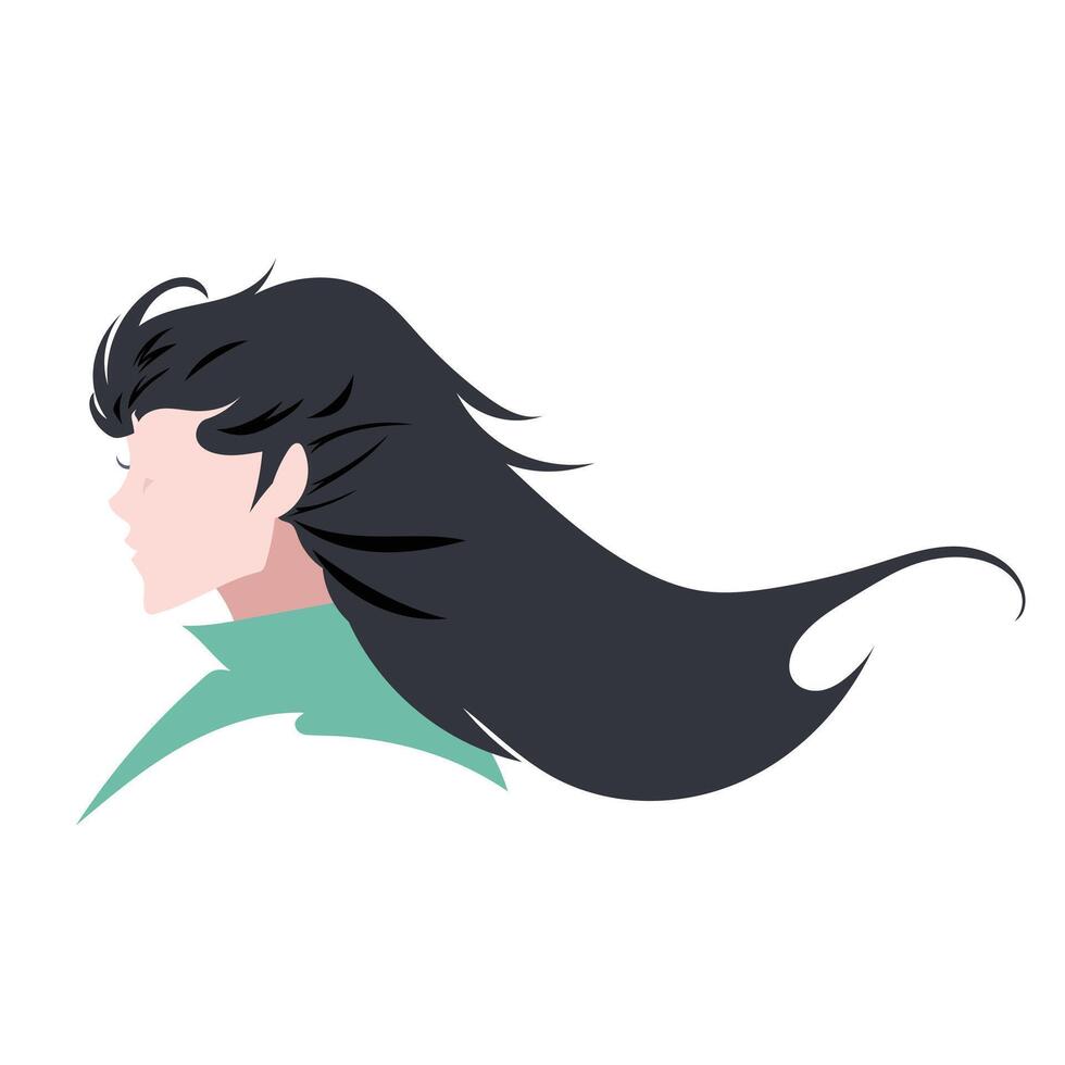 Young person from side view with long black hair blowed by the wind illustration isolated on white background. vector