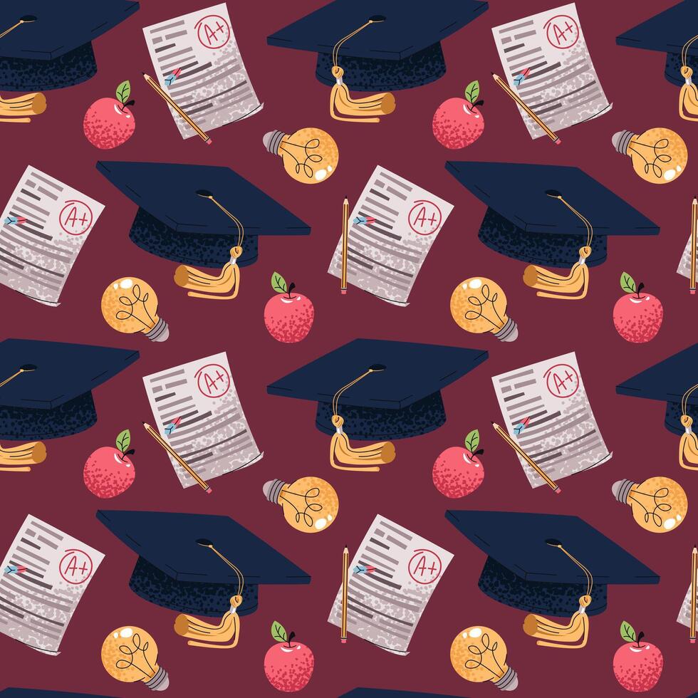 Graduation caps and diplomas pattern vector