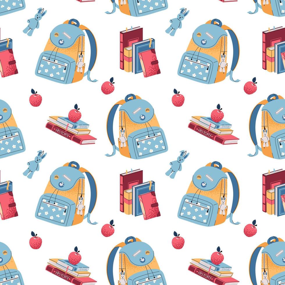 Colorful backpacks and books pattern vector