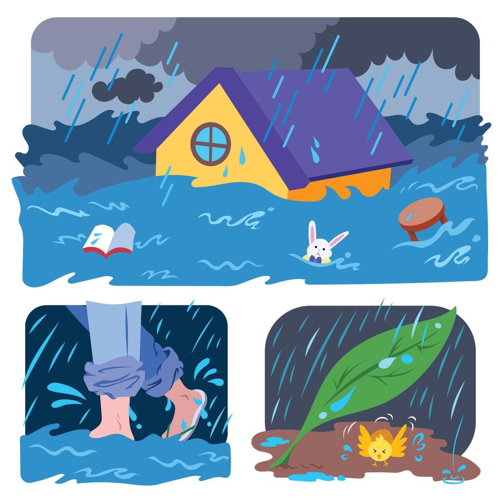 flood scene with animals and nature vector