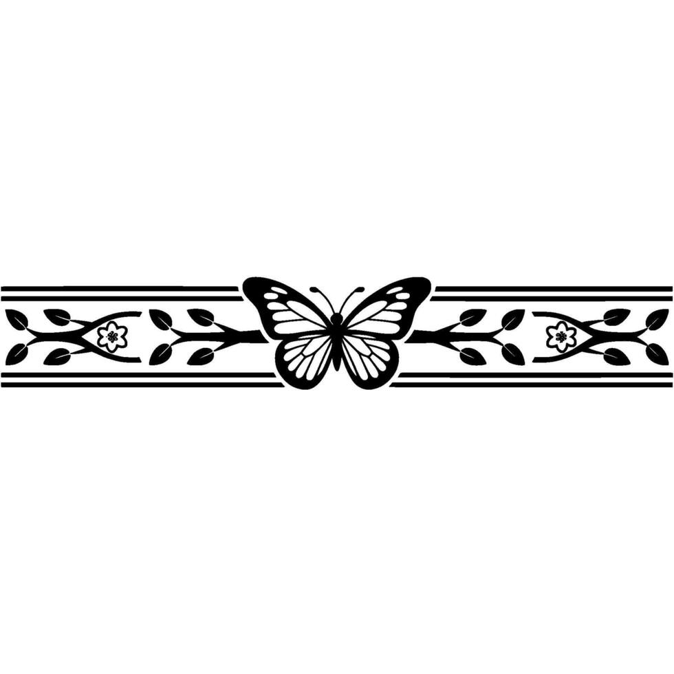 Elegant Floral Border, Butterfly Motif, Vintage, Lineart vector