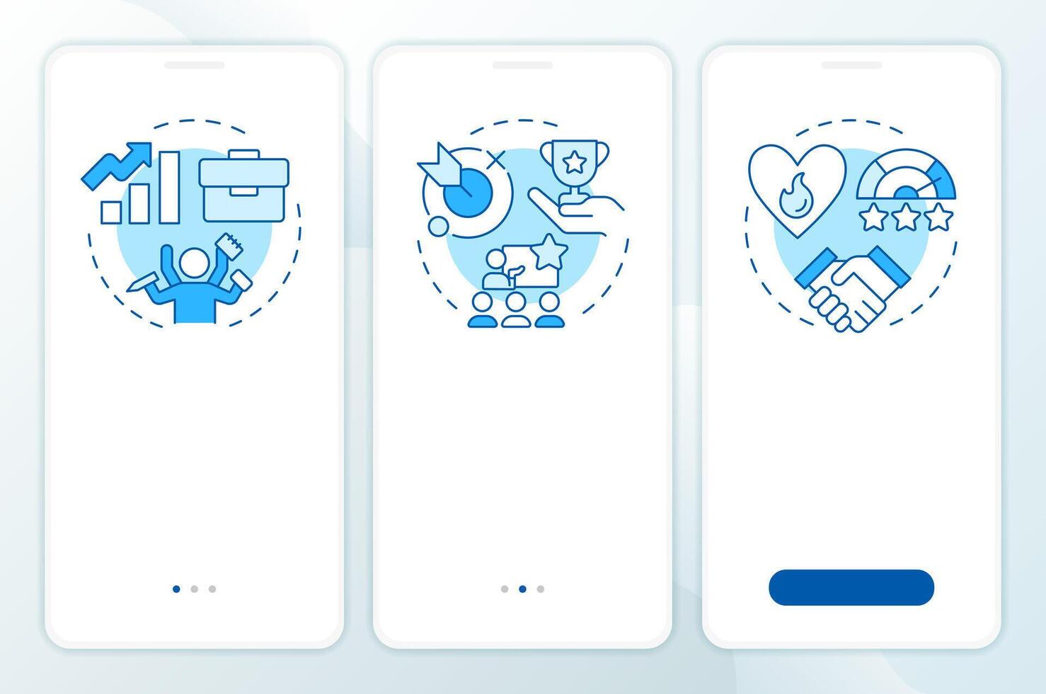 Job satisfaction outcome blue onboarding mobile app screen. Walkthrough 3 steps editable graphic instructions with linear concepts. UI, UX, GUI vector