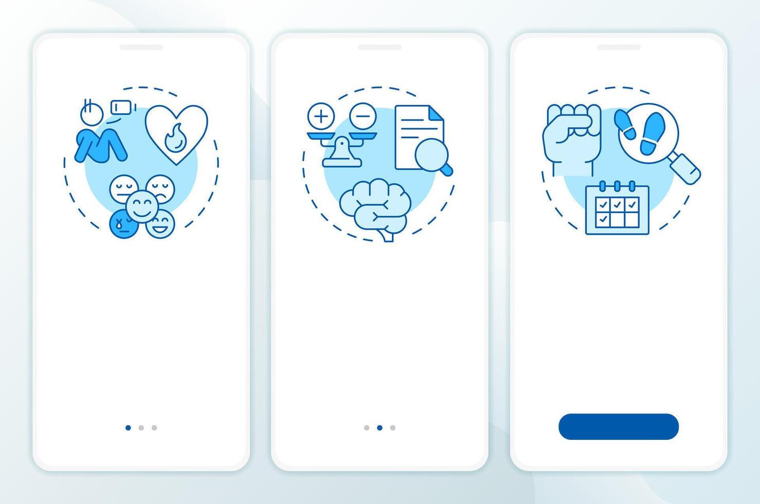Job attitude major components blue onboarding mobile app screen. Walkthrough 3 steps editable graphic instructions with linear concepts. UI, UX, GUI vector