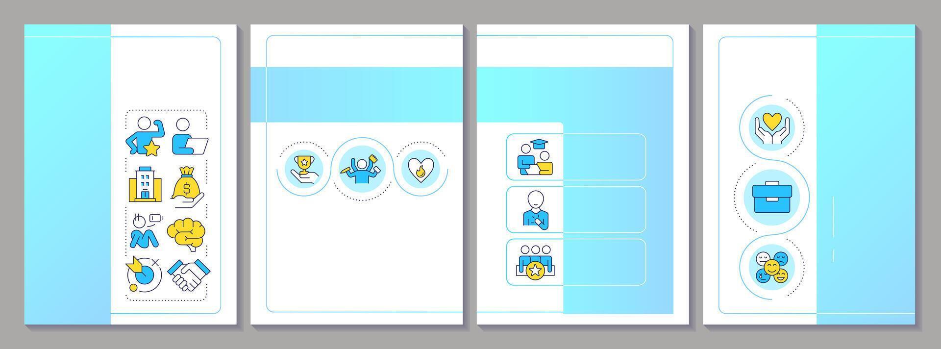 Job satisfaction brochure layout. Employee fulfilment, motivation. Teamwork, workload. Leaflet advertising design with color line icons. Editable 4 pages vector