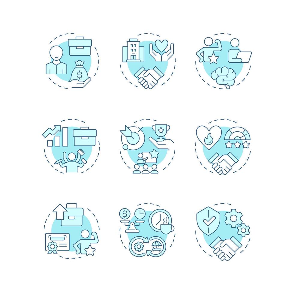 Job satisfaction soft blue concept icons. Workflow organization. Employee motivation, productivity. Icon pack. Round shape illustrations for article, blog post. Abstract idea vector