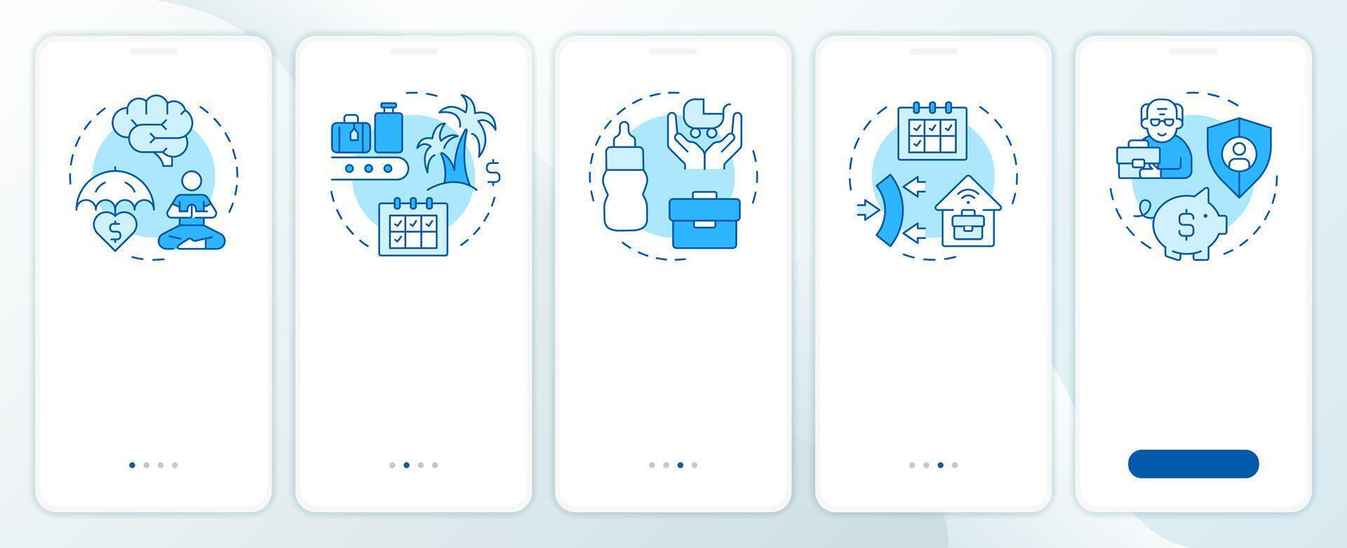 Employment benefits blue onboarding mobile app screen. Work schedule. Walkthrough 5 steps editable graphic instructions with linear concepts. UI, UX, GUI vector