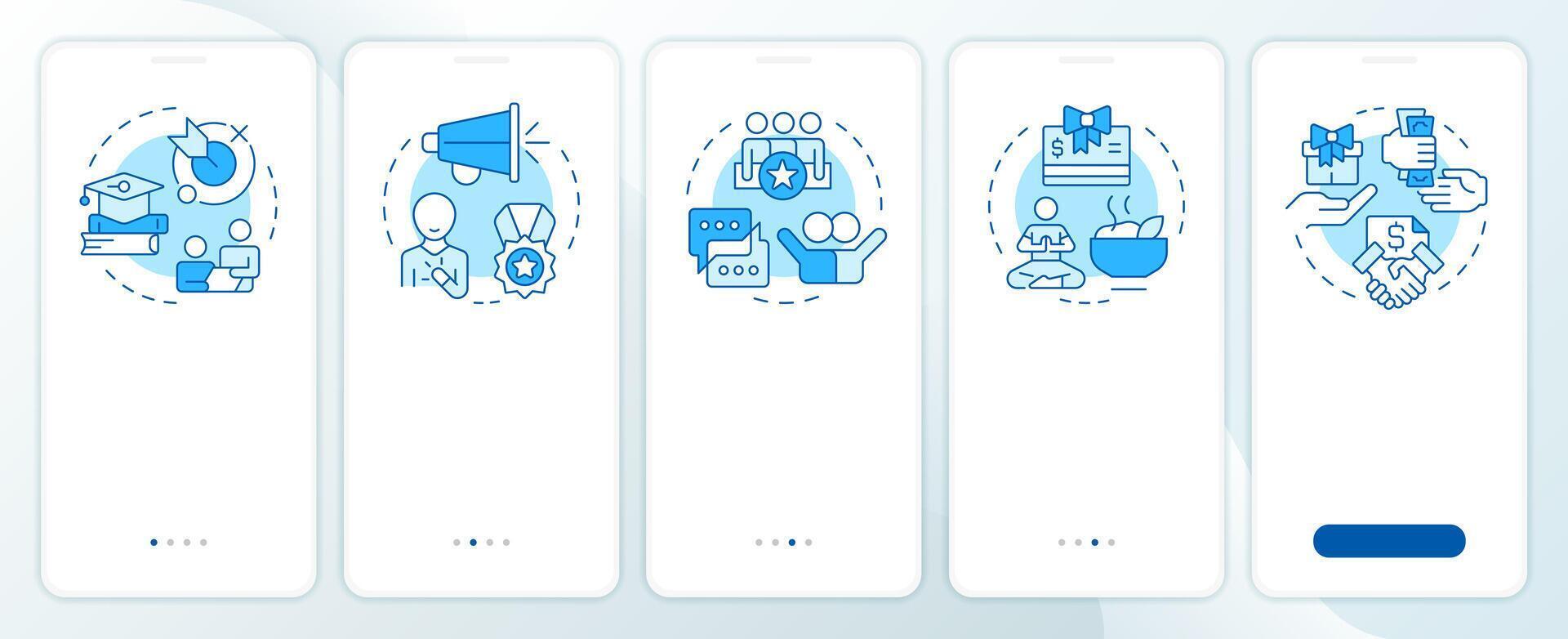 Employee fulfillment key components blue onboarding mobile app screen. Walkthrough 5 steps editable graphic instructions with linear concepts. UI, UX, GUI vector