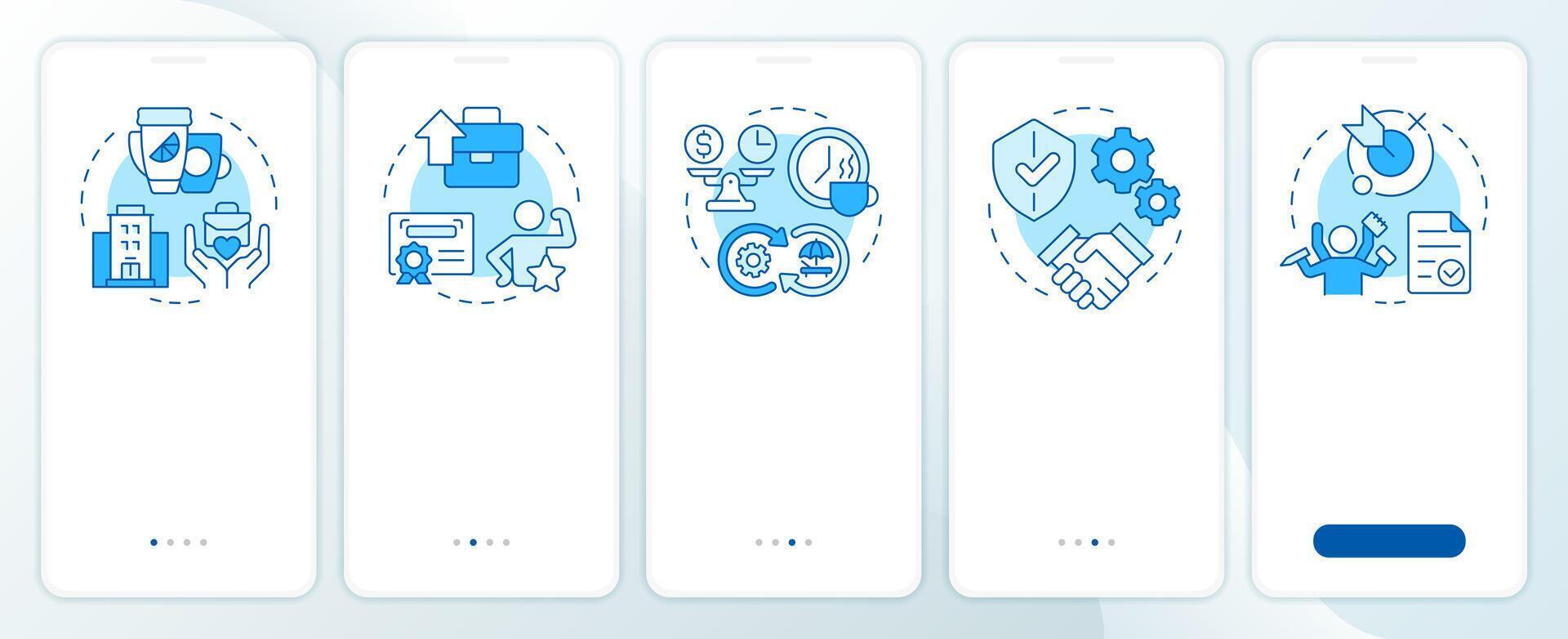 Job satisfaction key factors blue onboarding mobile app screen. Walkthrough 5 steps editable graphic instructions with linear concepts. UI, UX, GUI vector