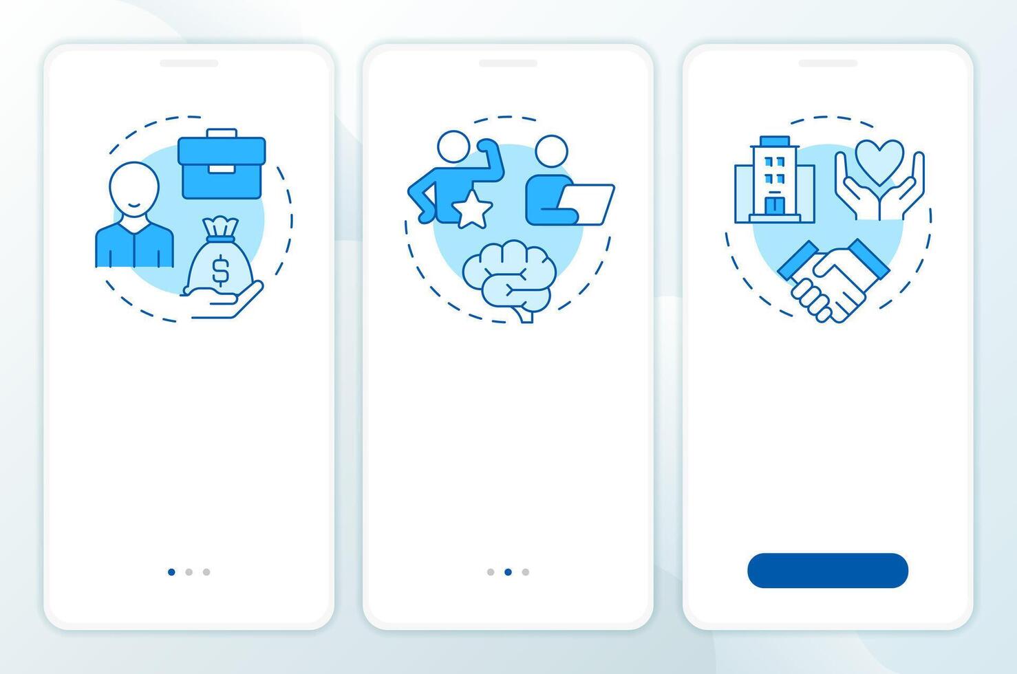 Job attitude types blue onboarding mobile app screen. Salary, perks. Walkthrough 3 steps editable graphic instructions with linear concepts. UI, UX, GUI vector