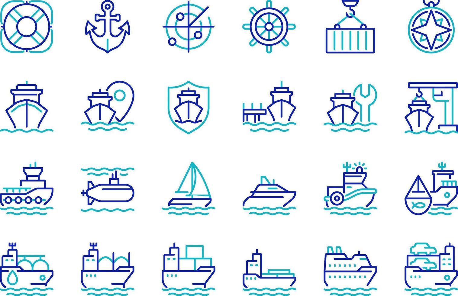 Maritime transport pixel perfect two color line icons set. Transporting goods via sea routes. Shipping by watercraft bicolor outline iconset isolated. Duotone pictograms thin linear. Editable stroke vector