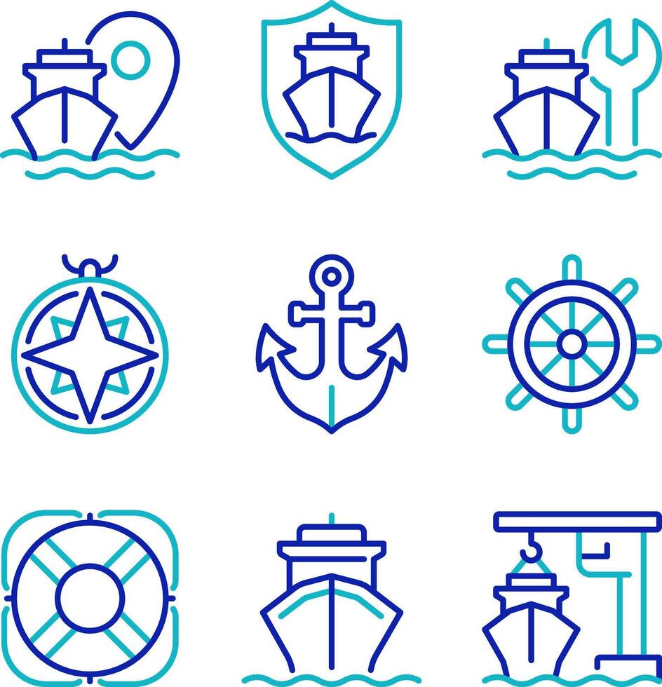 Maritime shipping industry pixel perfect two color line icons set. Transporting cargoes by sea. Delivery industry bicolor outline iconset isolated. Duotone pictograms thin linear. Editable stroke vector