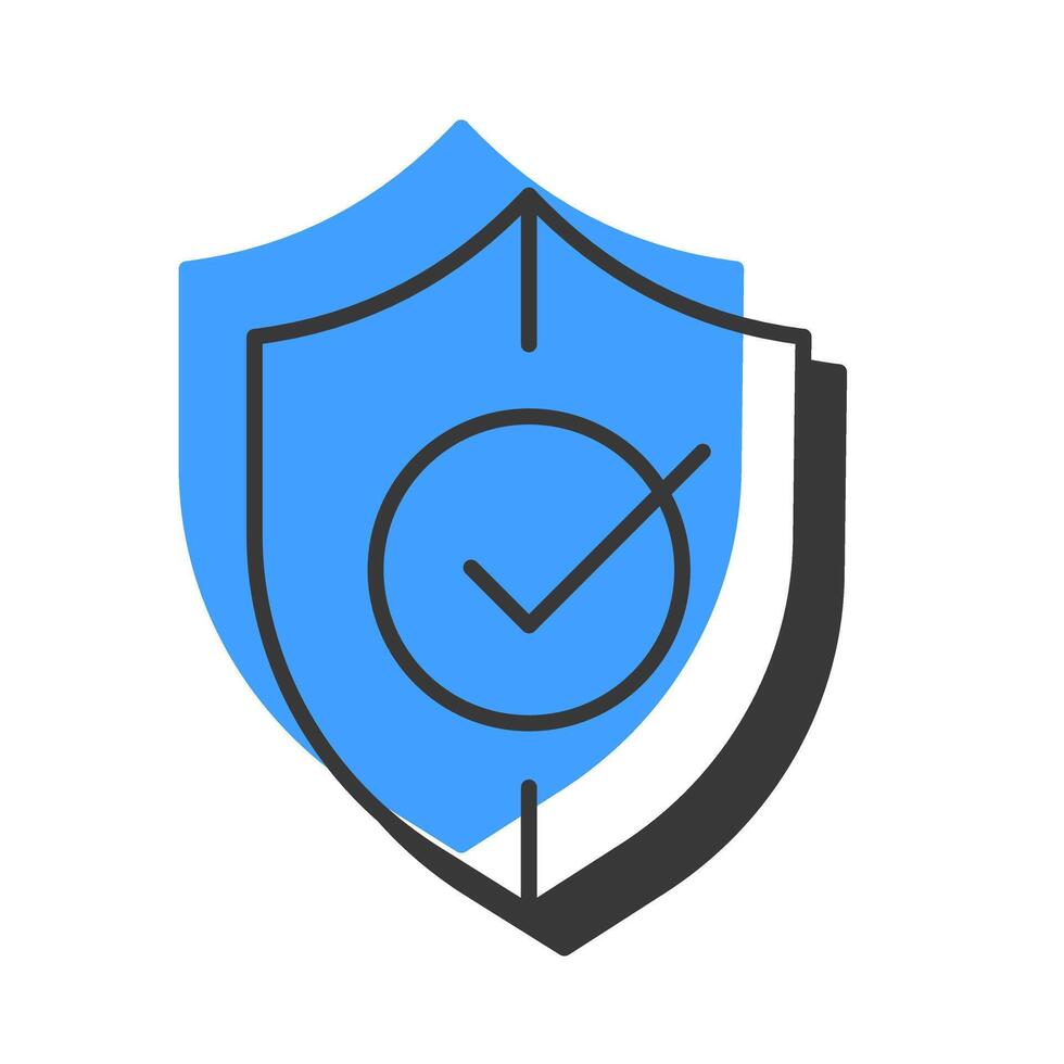 Shield with tick mark offset shadow line icon. Quality of data protection. Safe access approved. Cybersecurity. Bold outline symbol with solid blue fill. Modern flat illustration. Editable stroke vector
