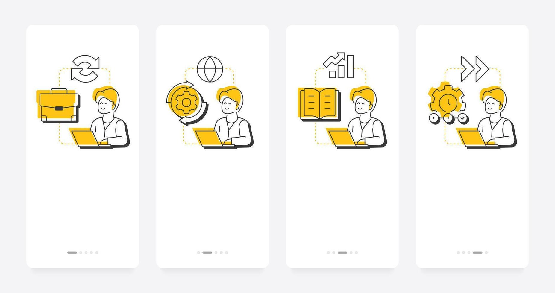 Types of organizational change mobile app onboarding screens. Corporate state maintenance. Business strategy. Flat UI UX design, yellow highlight with outline icons conceptual vector