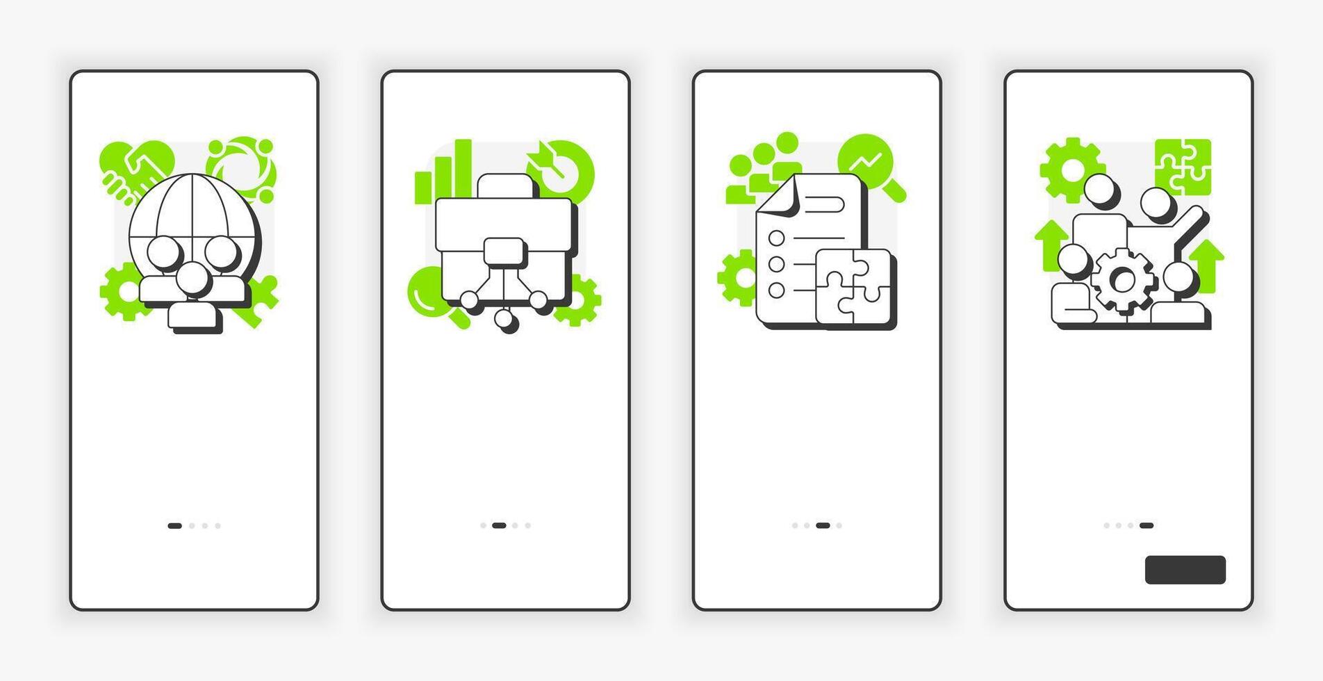 Nadler Tushman congruence framework mobile onboarding screen. Gap analysis methods UX UI illustration. Flat outline style icons with green accent vector