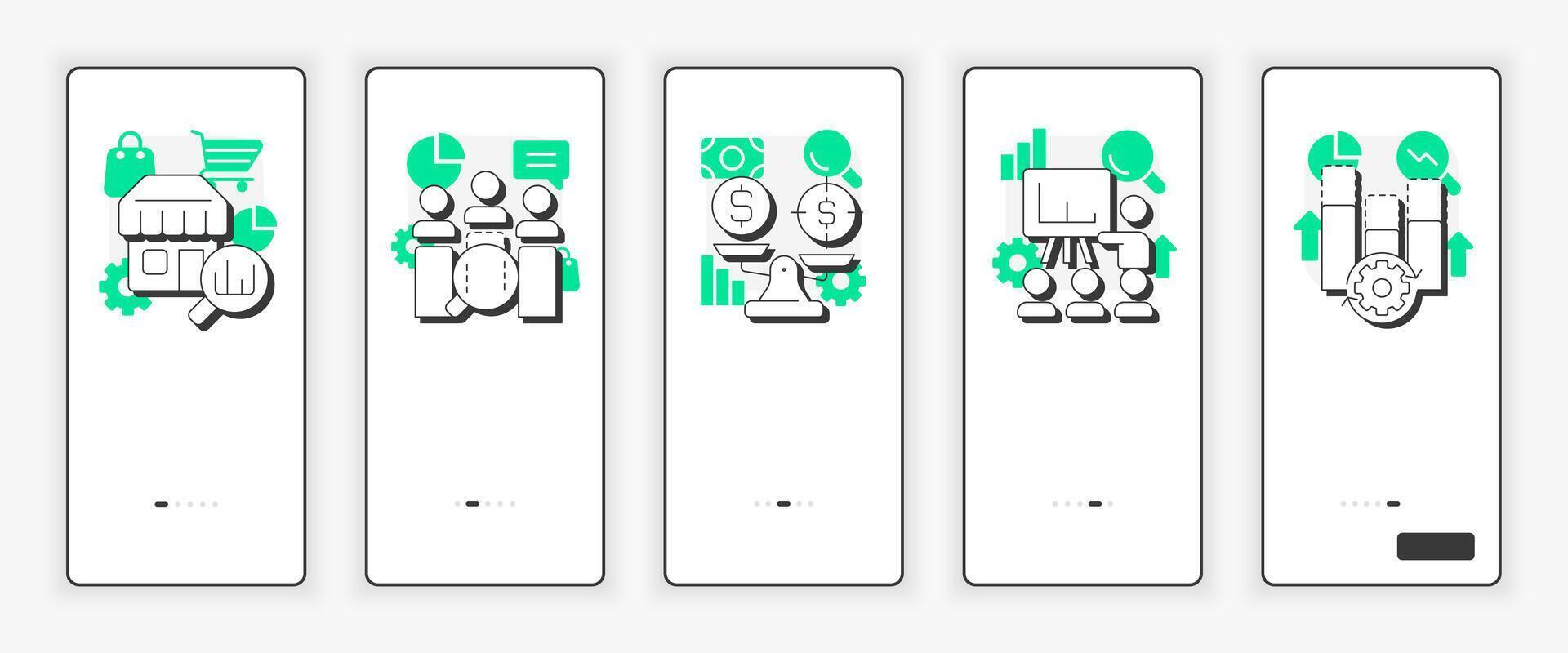 Types of gap analysis mobile onboarding screen. Business company data research UX UI illustration. Flat outline style icons with green accent vector