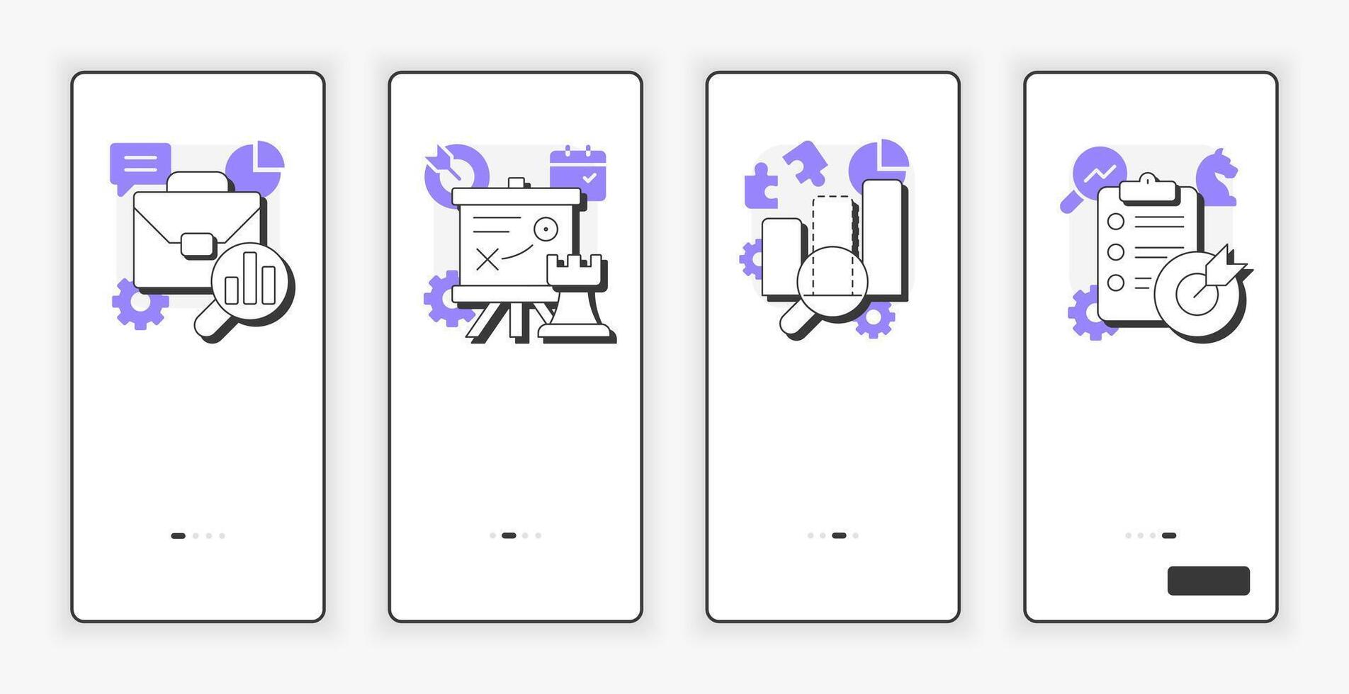 Stages of gap analysis mobile onboarding screen. Business data exploration UX UI illustration. Flat outline style icons with purple accent vector