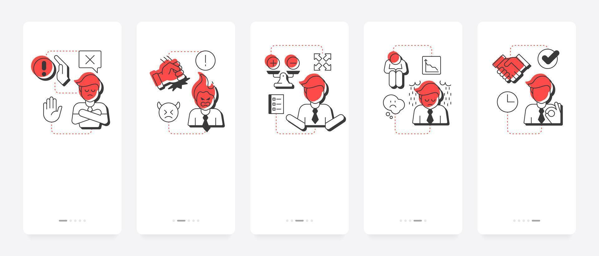 Five stages of grief mobile app onboarding screens. Changes management. Pain handling strategy. Psychology. Flat UI UX design, red highlight with outline icons conceptual vector