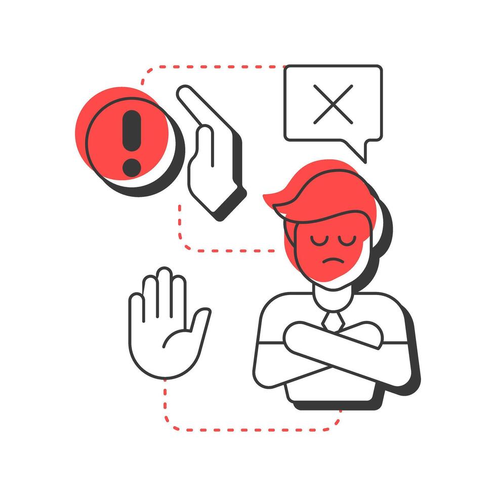 Denial modern linear concept icon. Initial reaction to change. Refuse to believe and acknowledge. Five stages of grief. Flat outline elements connected with dotted lines. Creative visual. Easy to edit vector