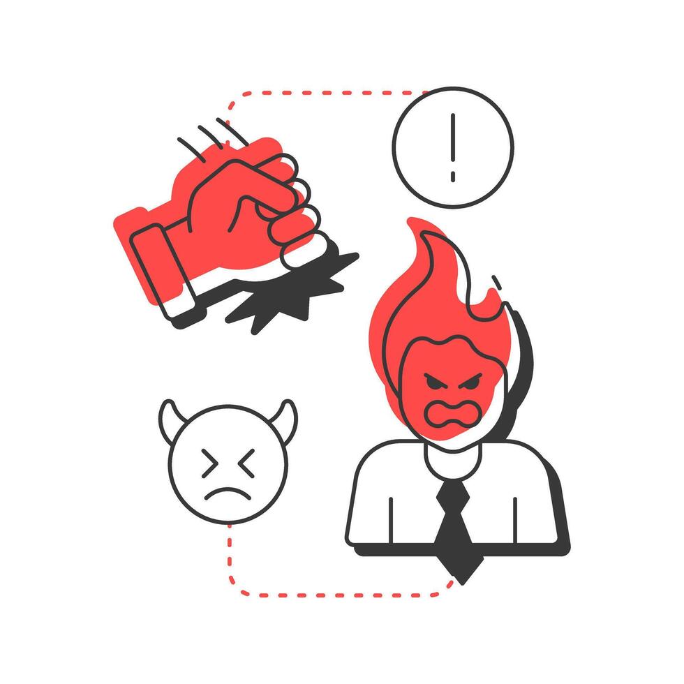 Anger modern linear concept icon. Frustration feeling. Five stages of grief. Organizational change management. Flat outline elements connected with dotted lines. Creative visual. Easy to edit vector
