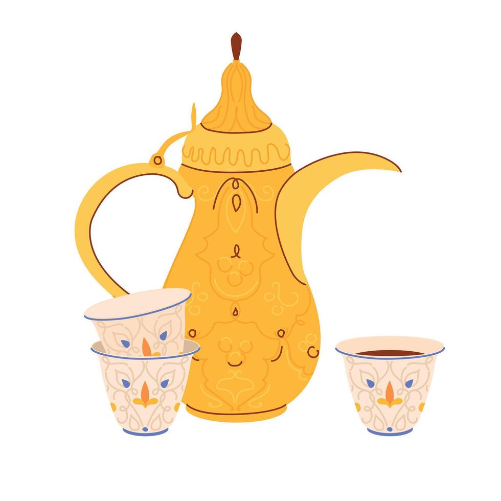 Traditional Arabic coffee pot Dallah and cups with ornament. Symbol of Middle Eastern hospitality. Antique copper pot common in Yemen, Oman, Qatar. illustration for coffee shop in flat style. vector