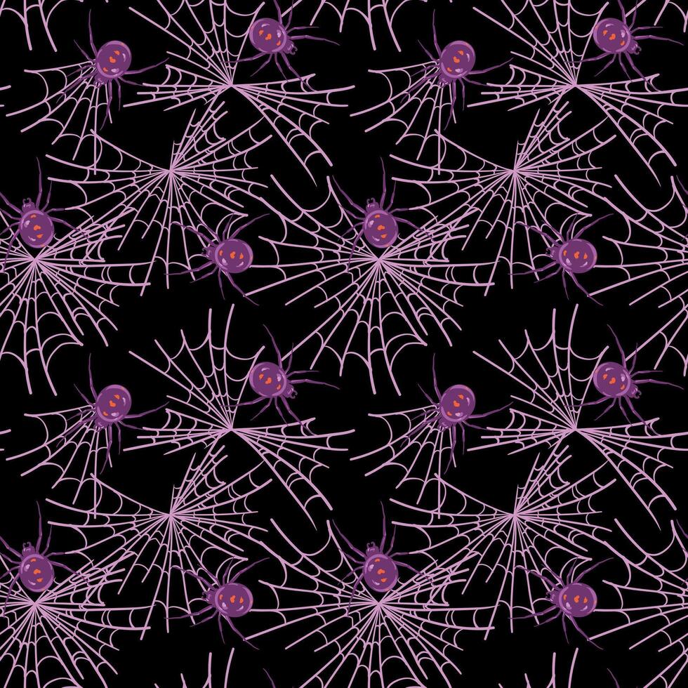 Spider black widow Latrodectus occidentalis and web. seamless pattern with black spider in flat style. Dangerous poisonous insect on black background for Halloween. vector