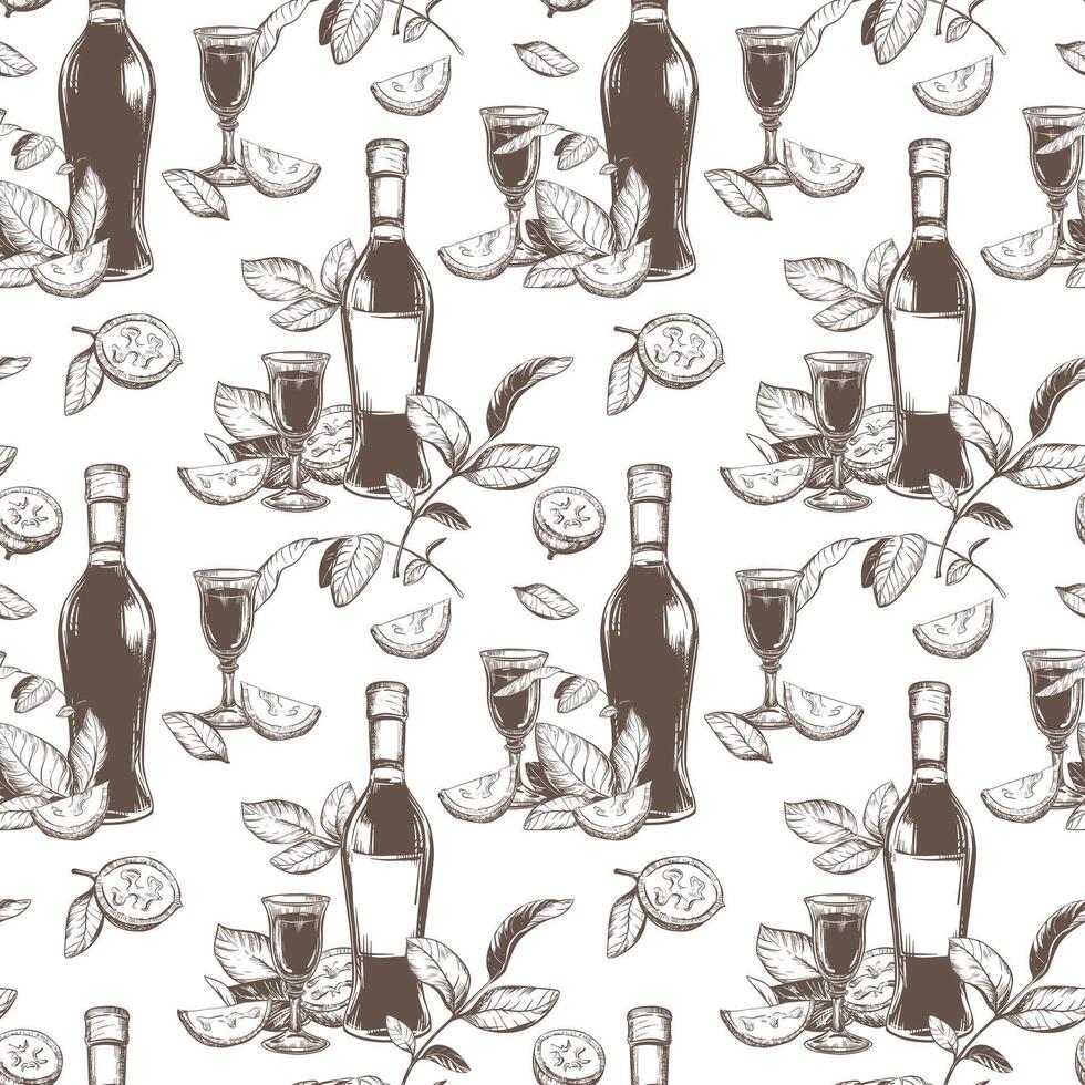 Bottle of Italian liqueur Nocino, glass with aperitif. seamless pattern in engraving technique. Unripe walnut seeds whole and halves, leaves and branches. Linear sketch. vector