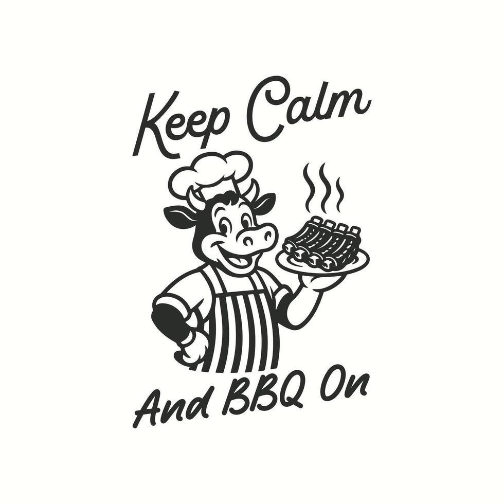 Keep calm and bbq on, funny cow chef bbq t shirt design vector