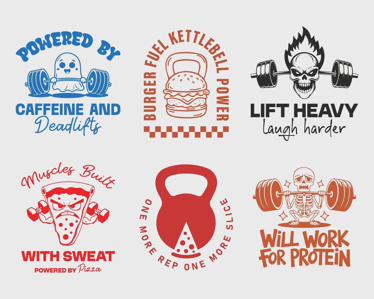 Funny gym and food fusion workout designs bundle. Can be used as t shirt, poster, sticker or print design vector