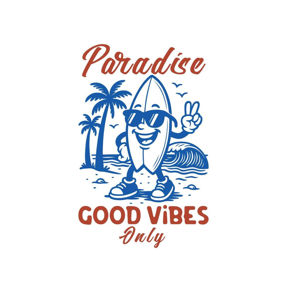 Beach surfboard retro character, summer beach surfboard t shirt design vector