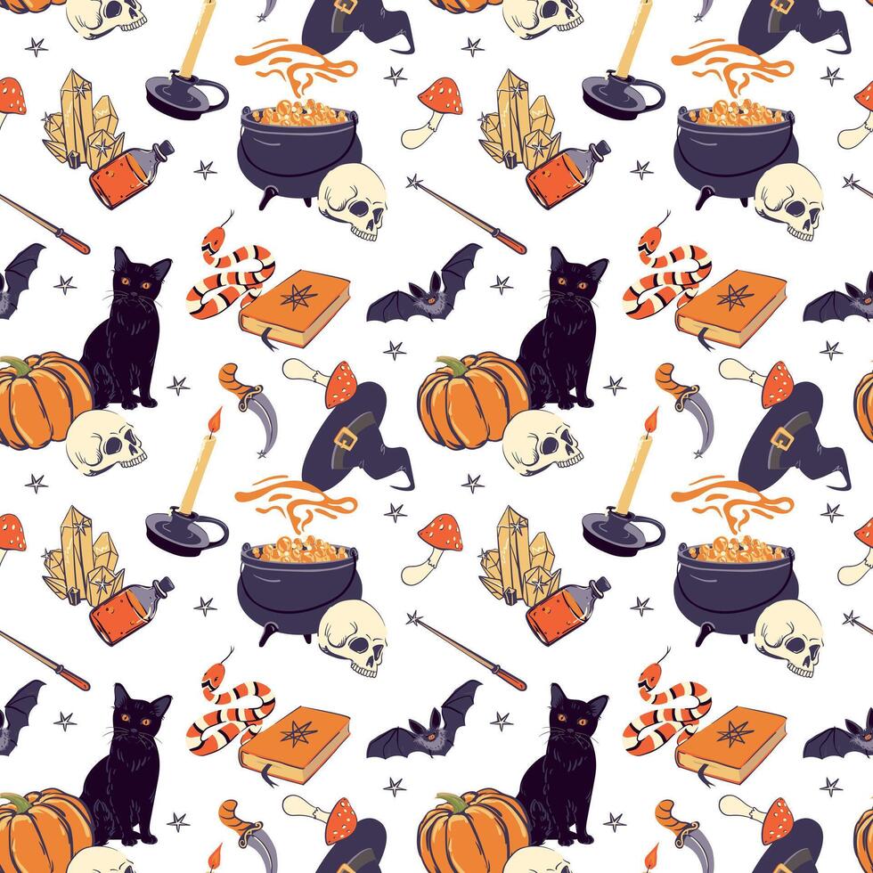 Halloween pattern with cats and spooky items vector