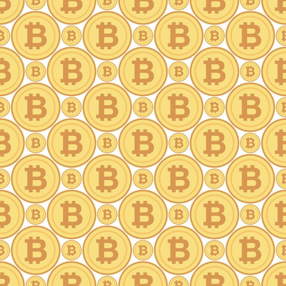 Golden Bitcoin cryptocurrency coins seamless pattern. Blockchain money technology background vector