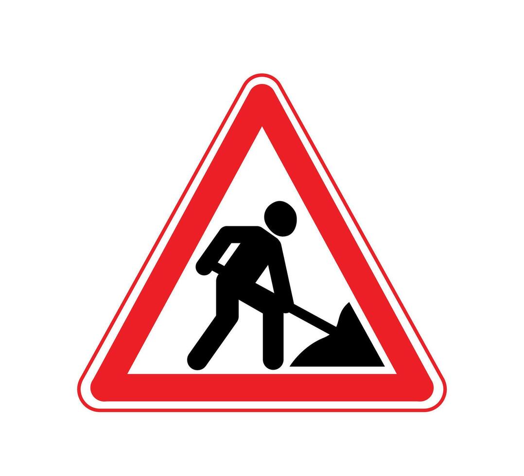 Road works sign, under construction. Warning red road sign, triangle shape with red border, working man. illustration. vector