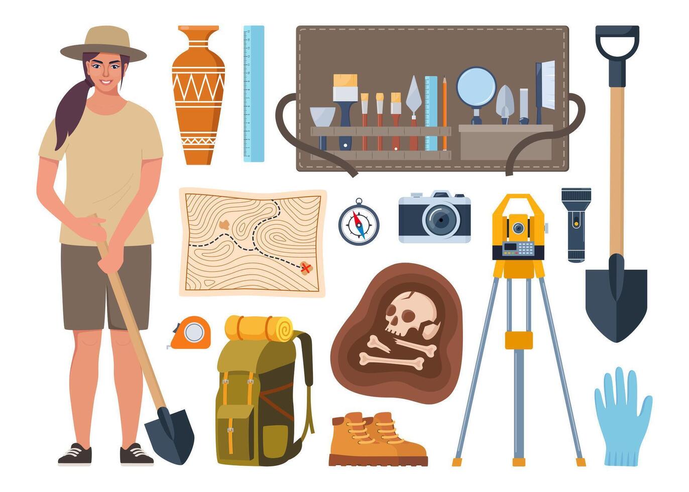 Archaeology tools and a young explorer vector