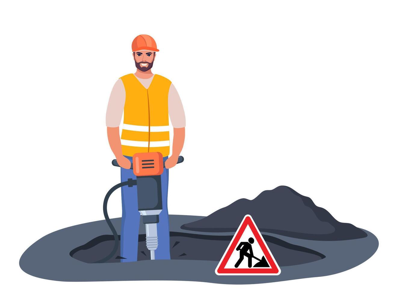 Construction worker with Jackhammer, ready to break ground. Smiling male character industrial worker or builder. illustration. vector