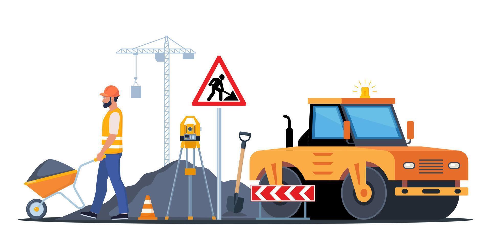 Construction worker with machinery and signs vector