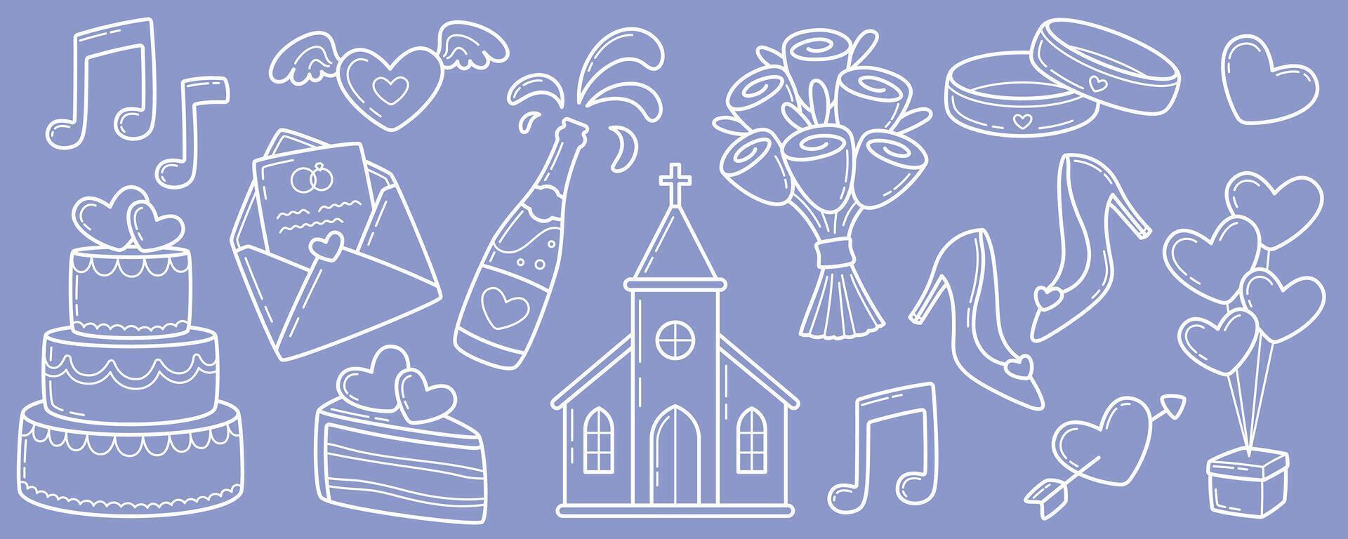 Romantic hand drawn wedding line icons for invitations and decorations vector