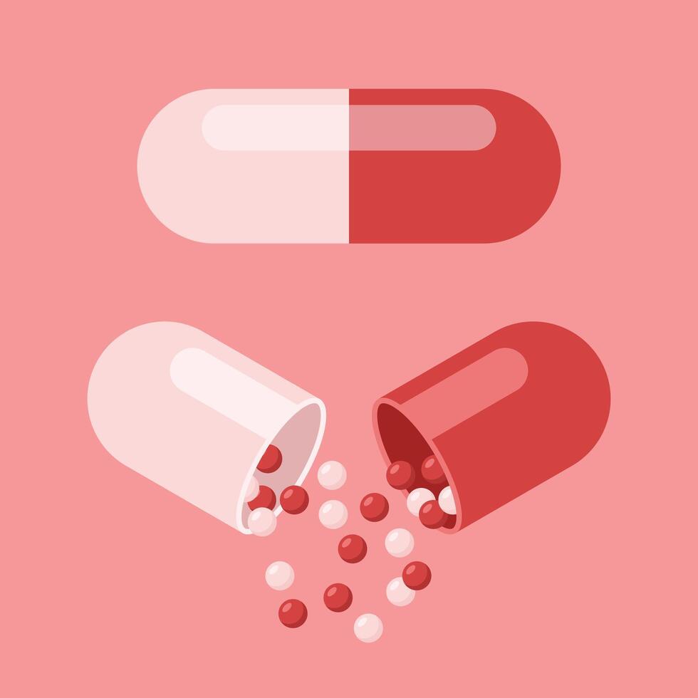 Pill capsules and pills on a pink background vector