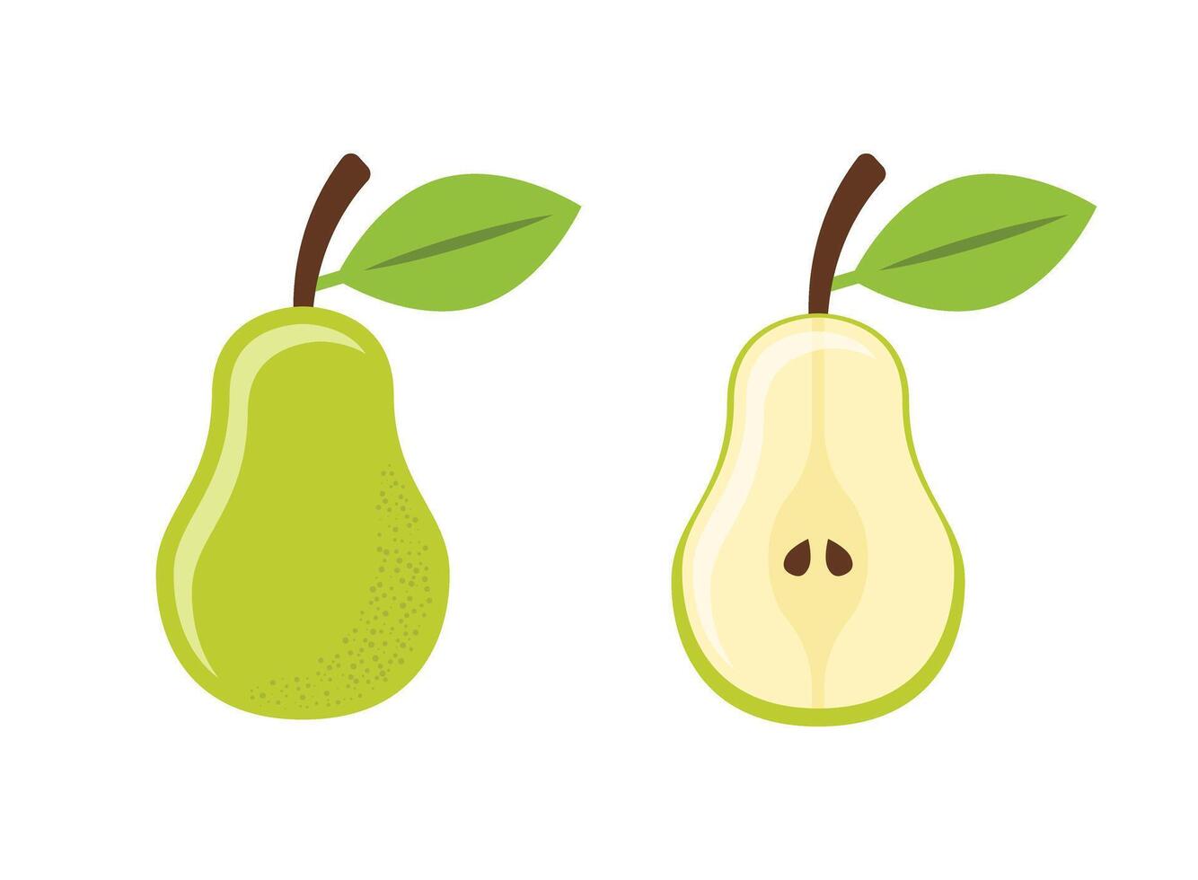 Two pears with leaves on them, one half and the other whole vector