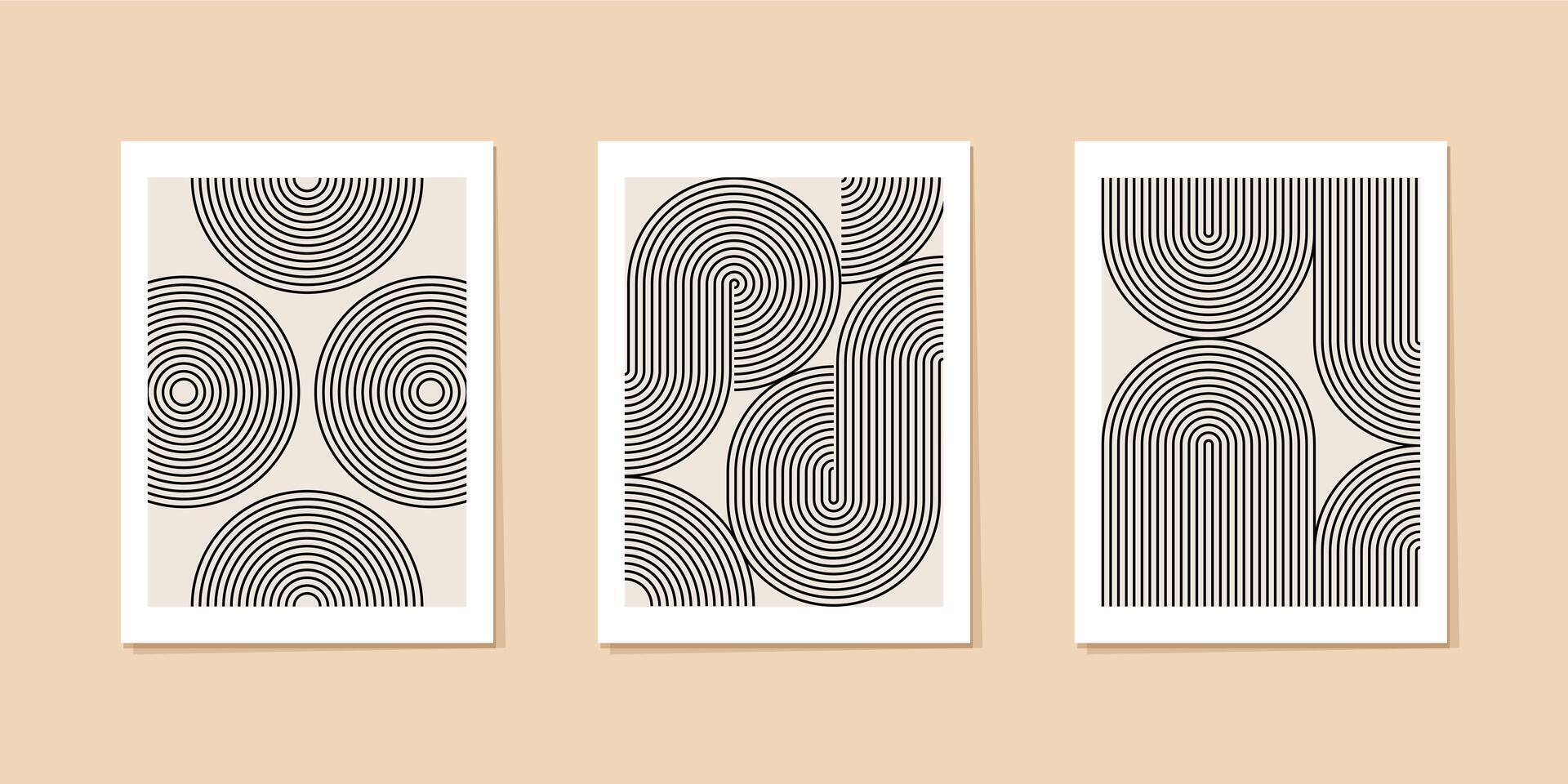 Black white abstract poster set. Arch shape, curved line pattern. Retro circles, knots, sun moon fall figures. Geometric optical illusion minimalist art, organic rainbow shape, boho arc bw bg vector